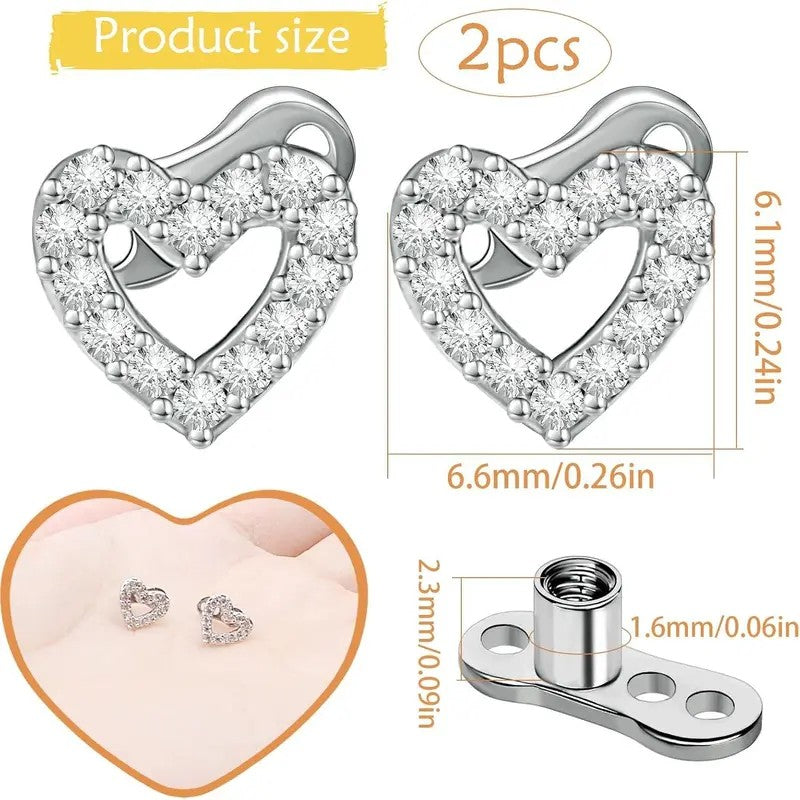 2pc Dainty CZ Heart Dermal Anchor Set