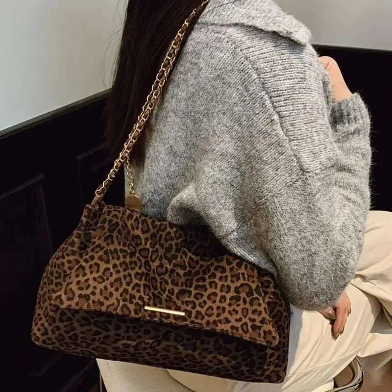 Classy Leopard Faux Suede Shoulder Bag