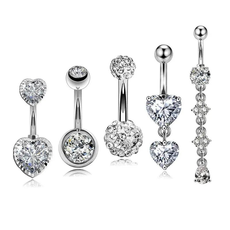 5pc Dainty CZ Heart Belly Ring Set