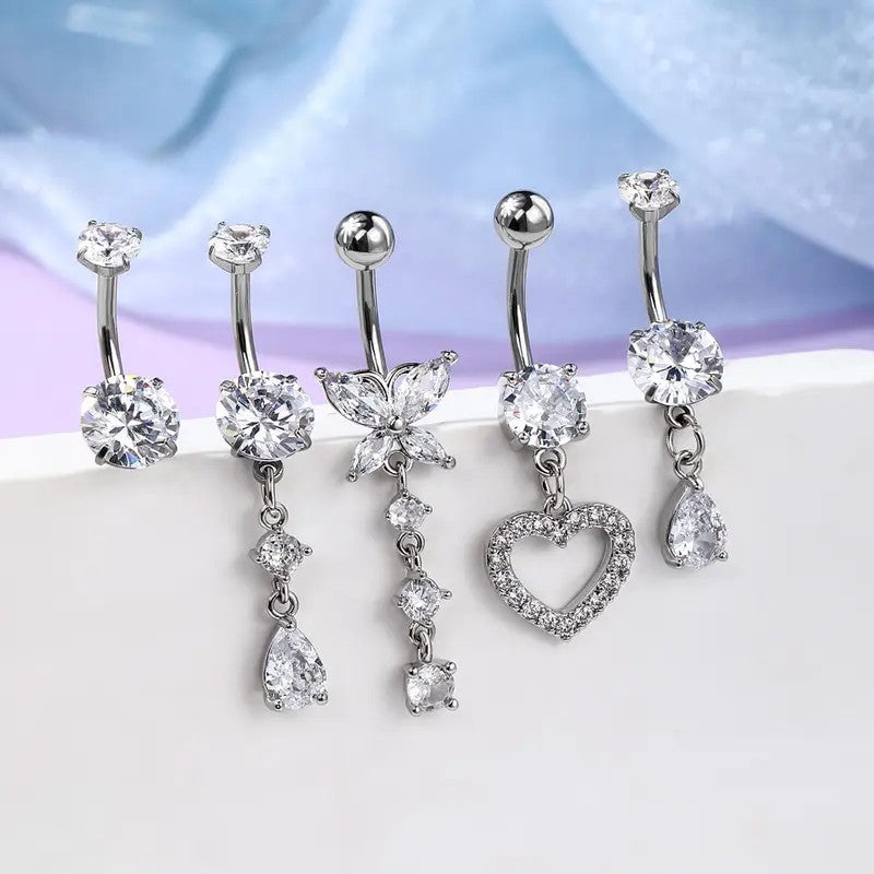 5pc Dainty CZ Heart Belly Ring Set