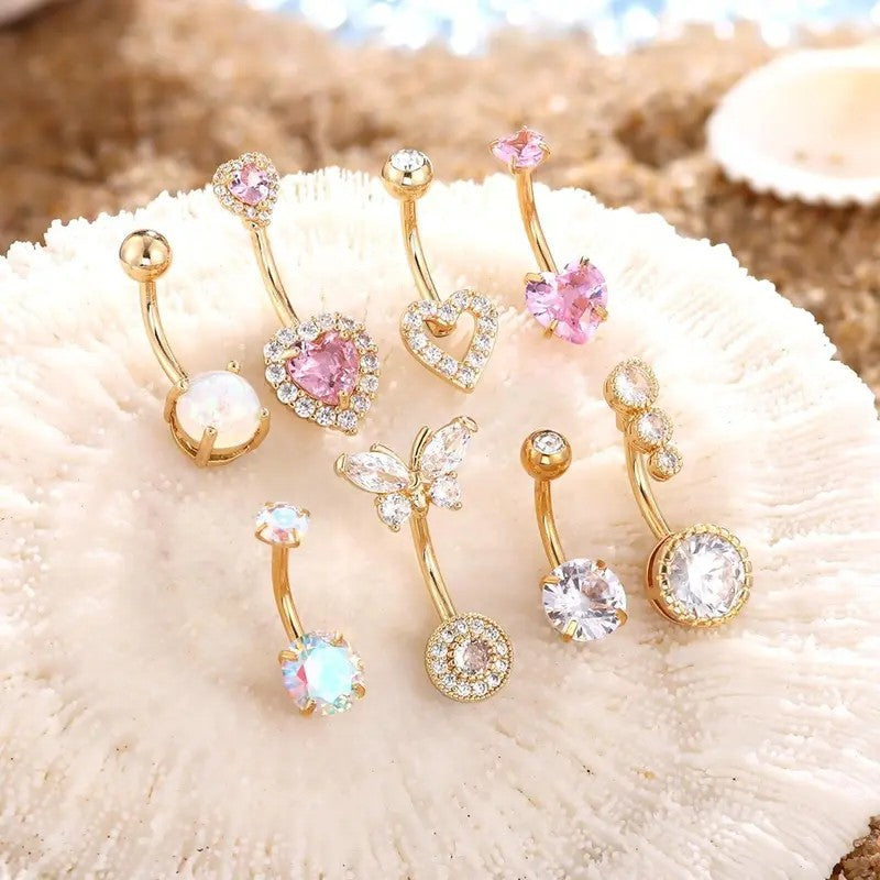 14k Romantic Pink Heart & Butterfly Belly Ring Set