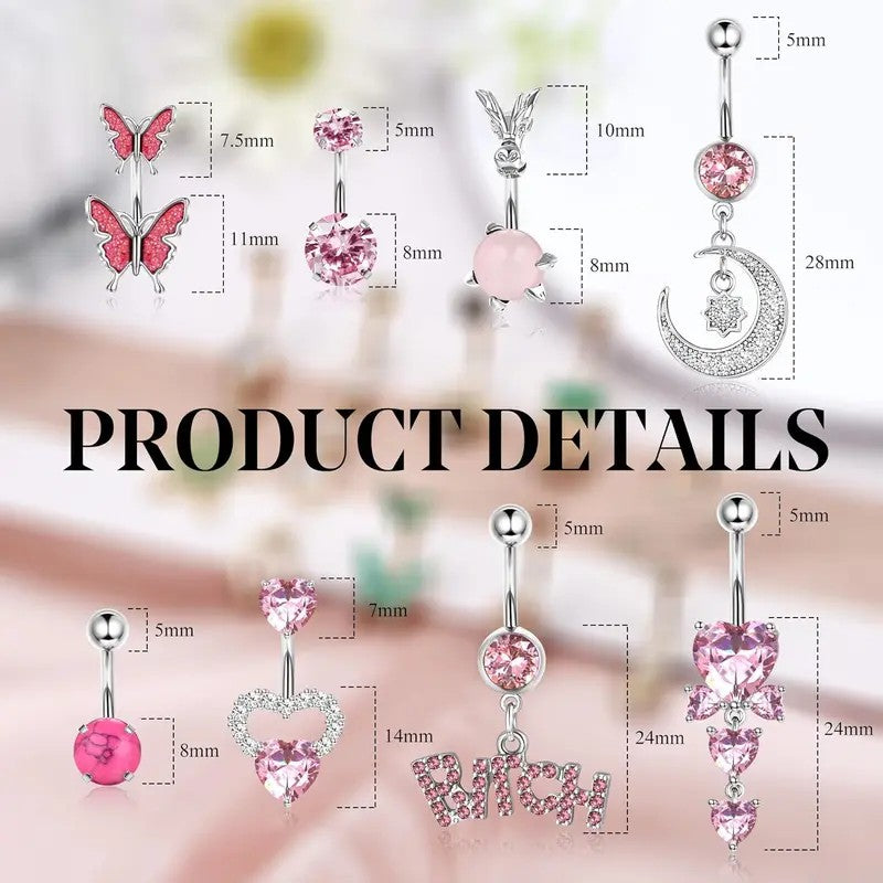 14k Romantic Pink Heart & Butterfly Belly Ring Set