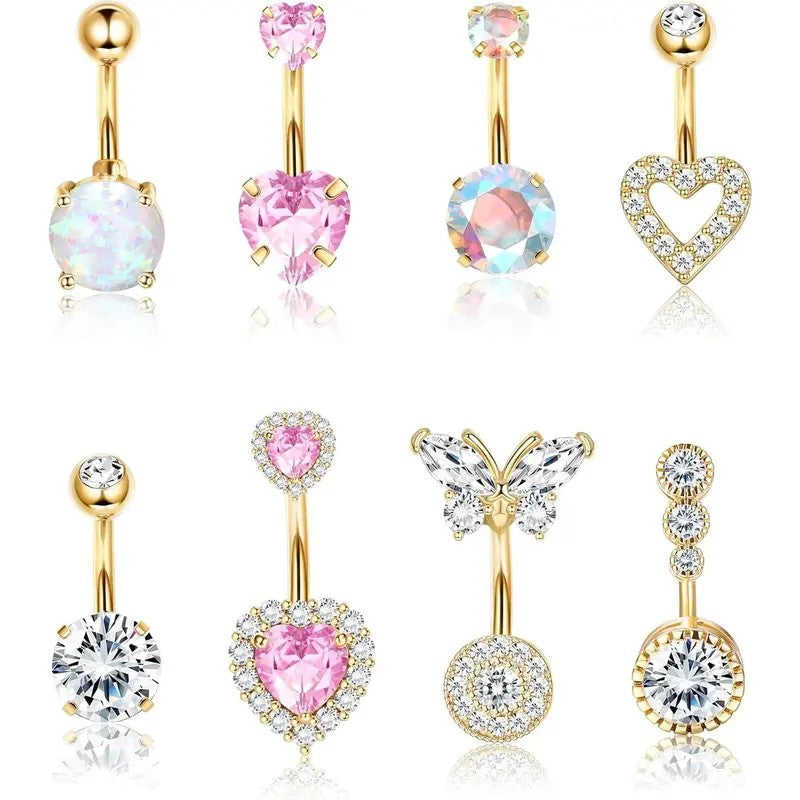 14k Romantic Pink Heart & Butterfly Belly Ring Set