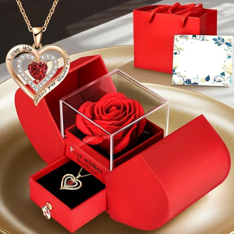 Romantic Eternal Rose Box Necklace Set