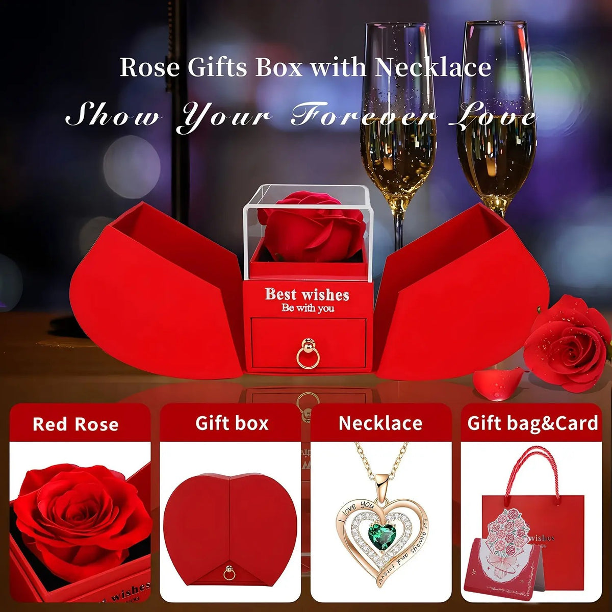 Romantic Eternal Rose Box Necklace Set