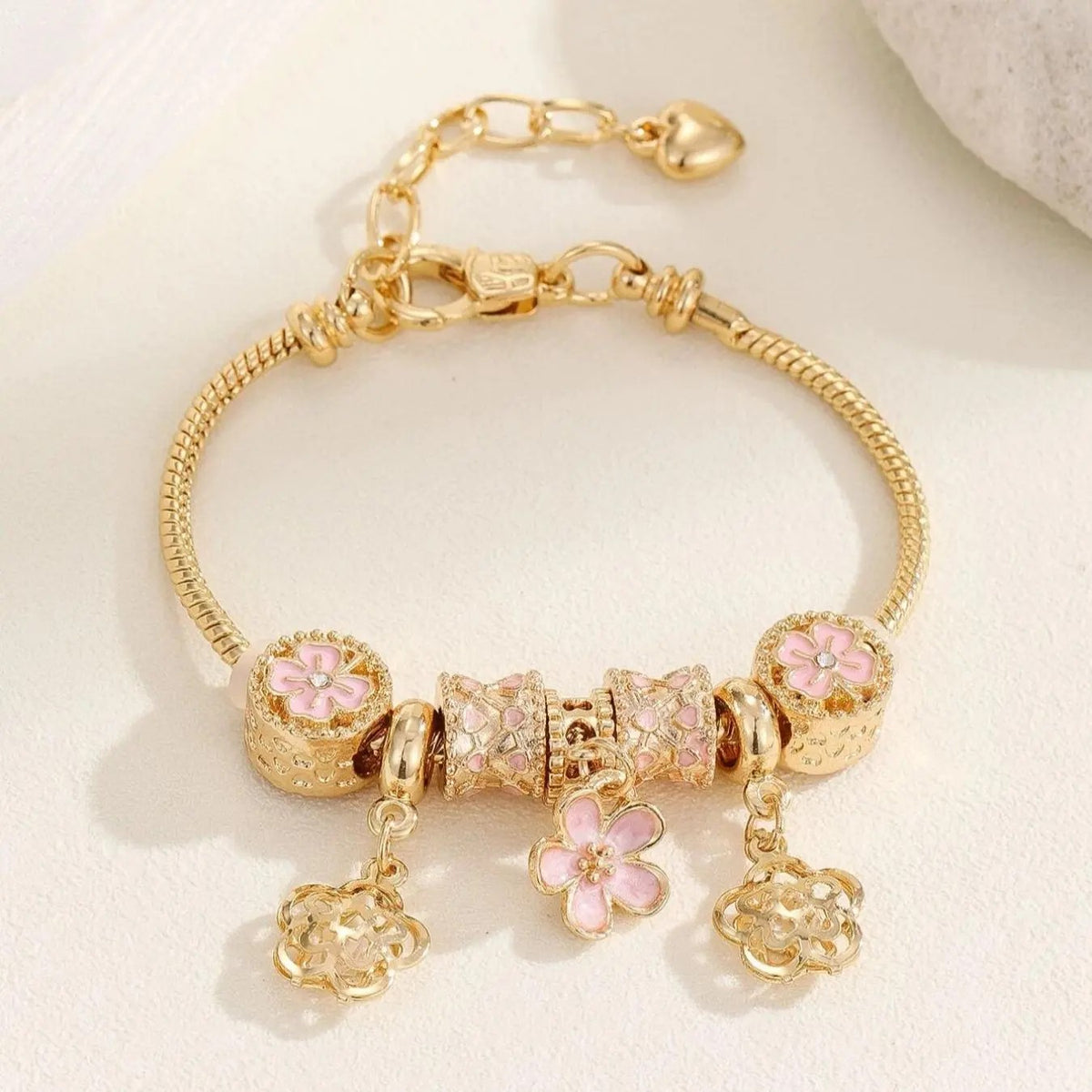 Romantic Pink Flower Charm Bracelet