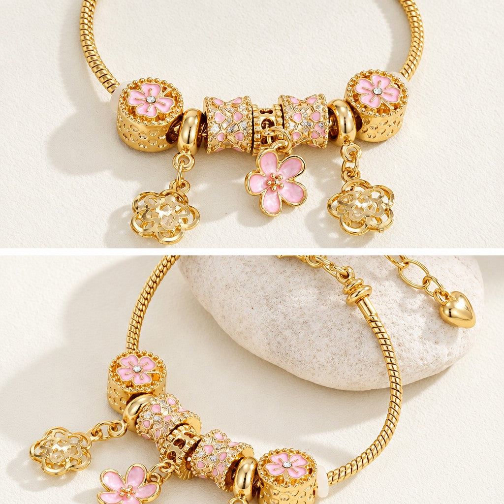 Romantic Pink Flower Charm Bracelet