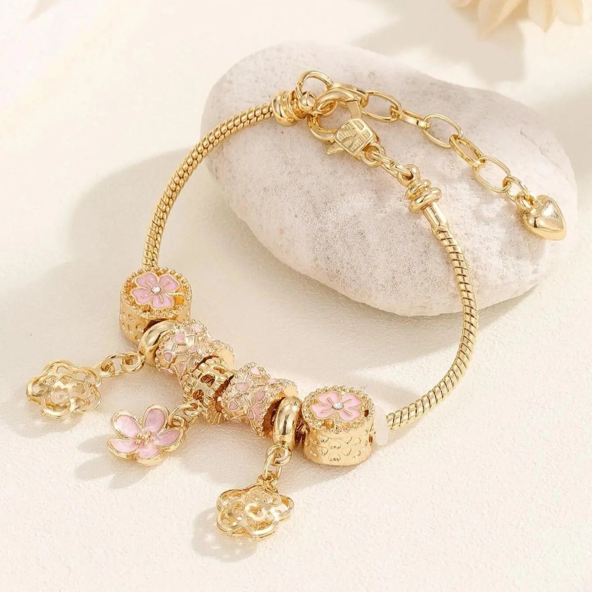 Romantic Pink Flower Charm Bracelet