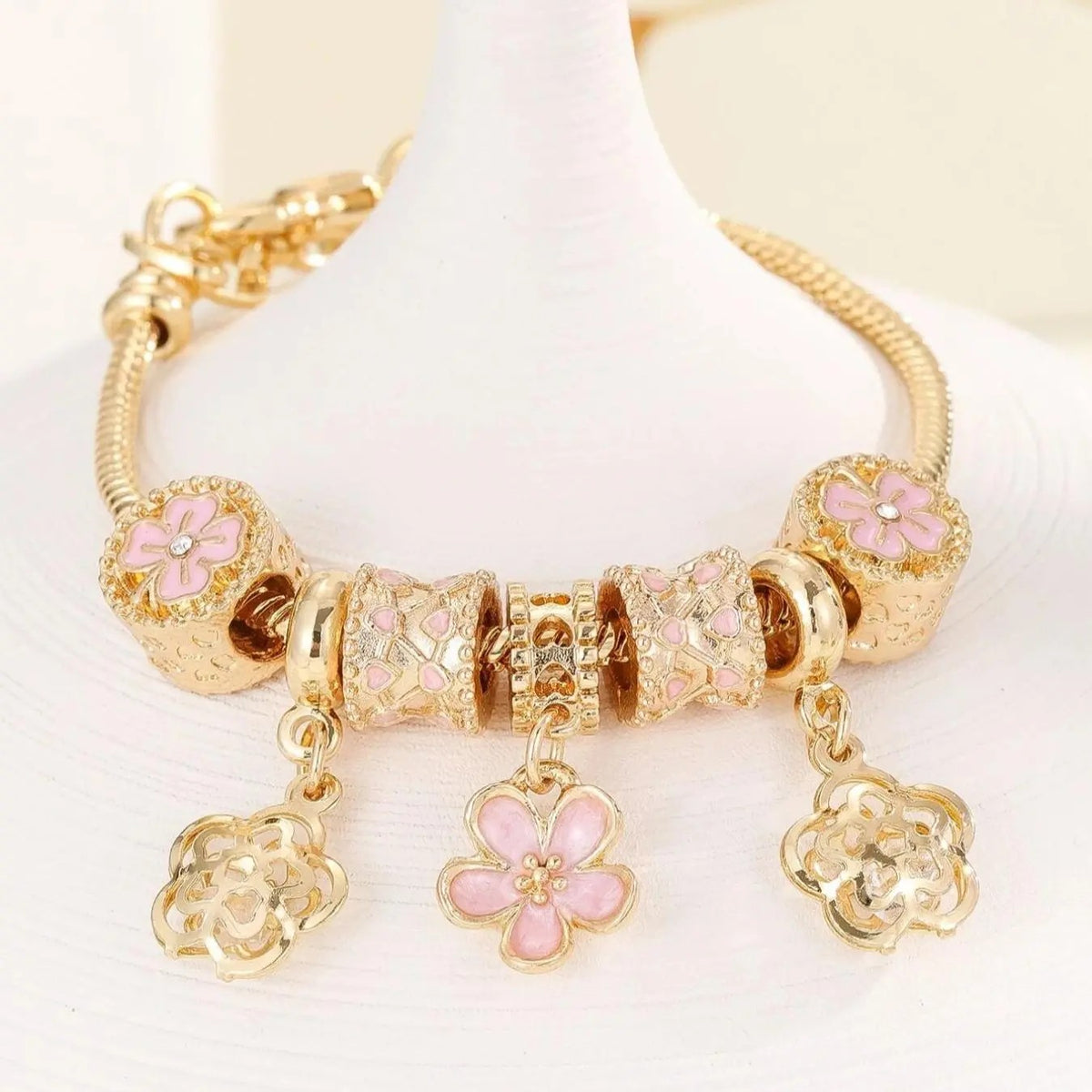 Romantic Pink Flower Charm Bracelet
