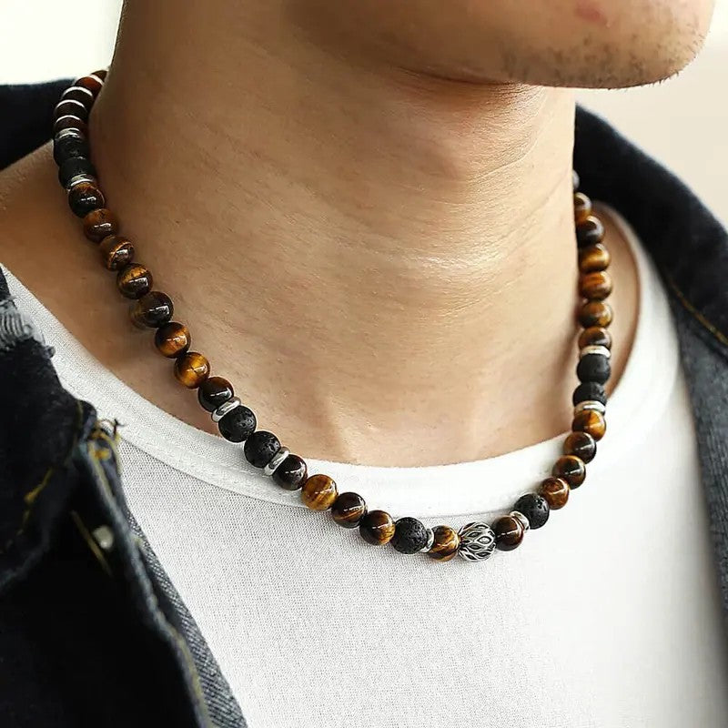 Boho Tiger's Eye Lava Bead Necklace