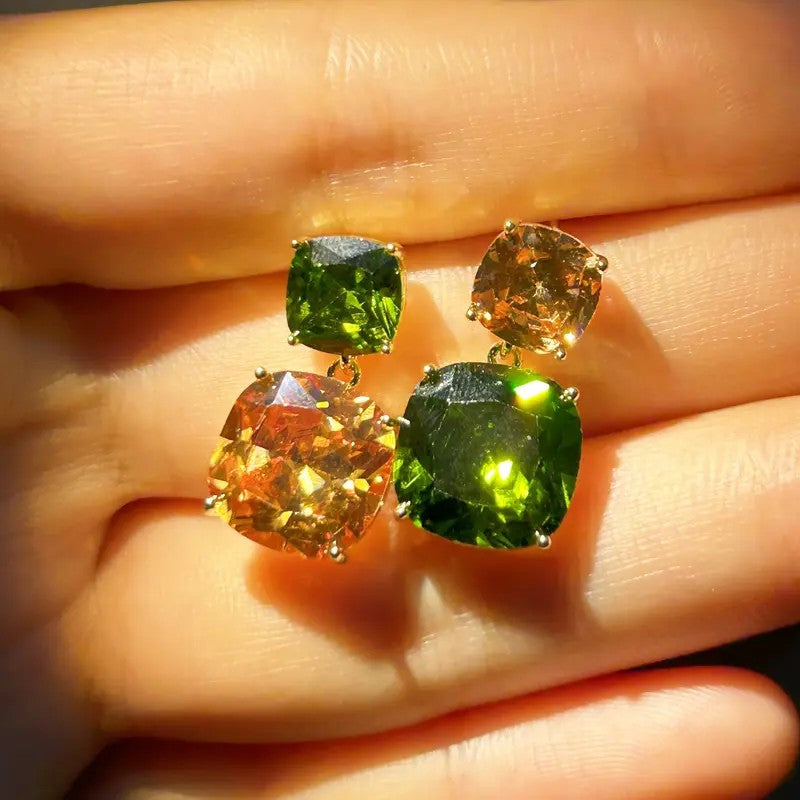 Elegant Two-Tone Square Gemstone Drop Earrings