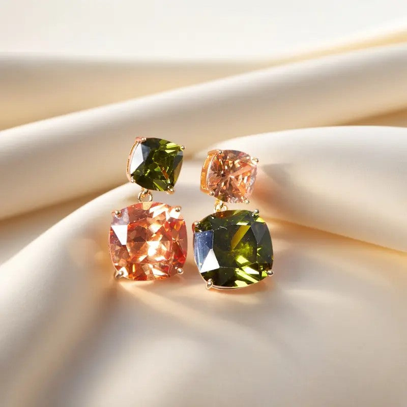 Elegant Two-Tone Square Gemstone Drop Earrings