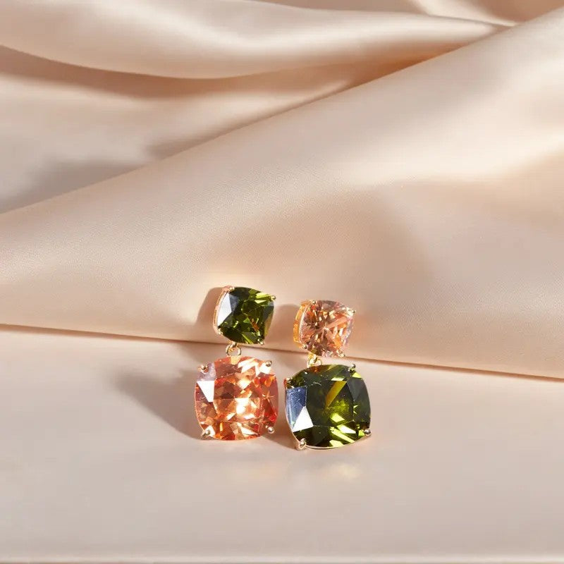 Elegant Two-Tone Square Gemstone Drop Earrings