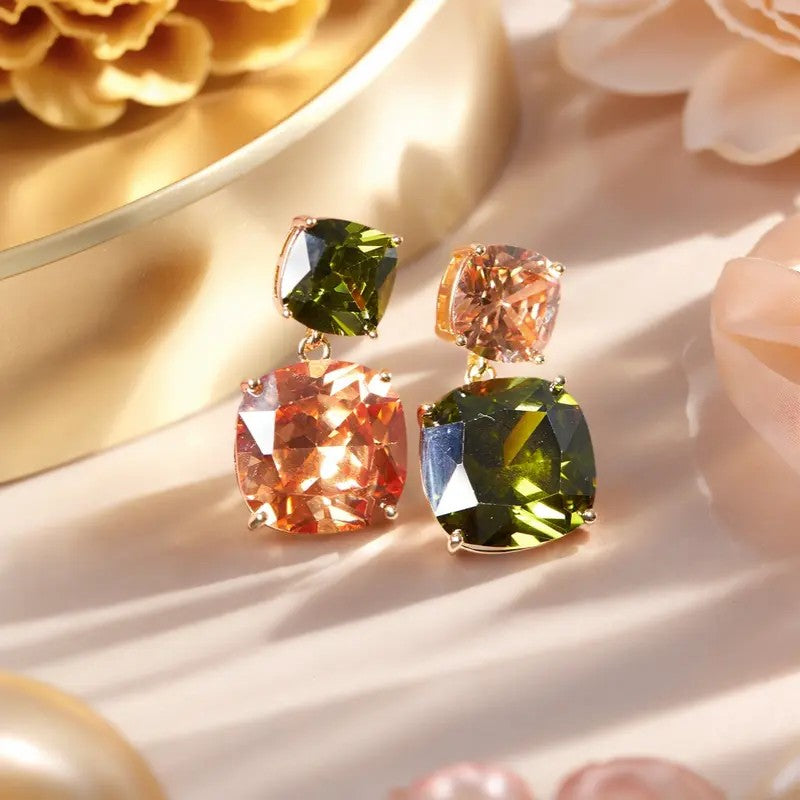 Elegant Two-Tone Square Gemstone Drop Earrings