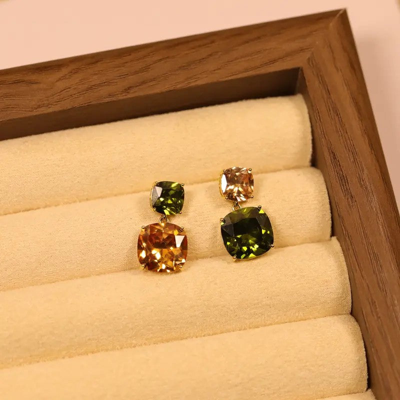 Elegant Two-Tone Square Gemstone Drop Earrings