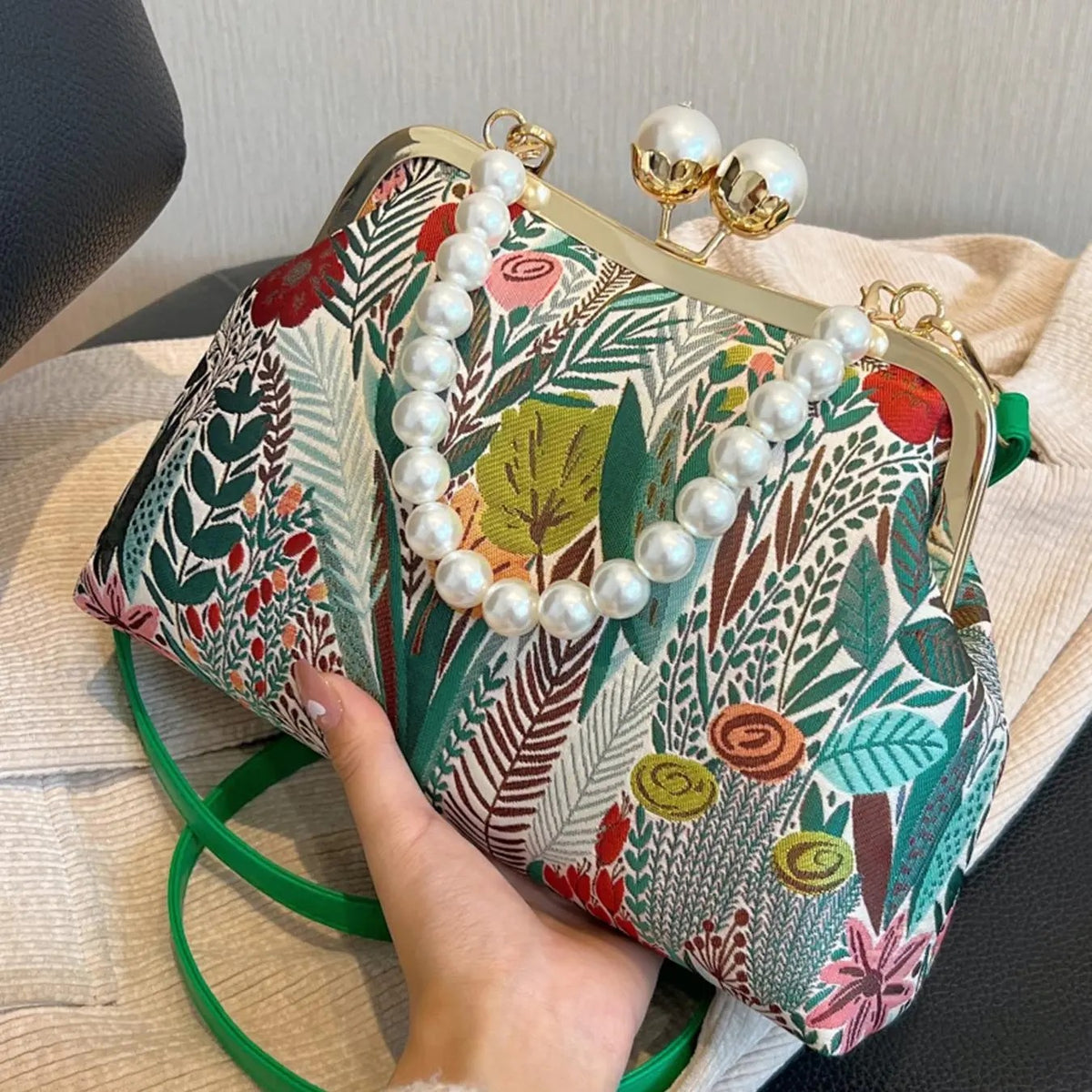 Elegant Botanical Pearl Crossbody Bag