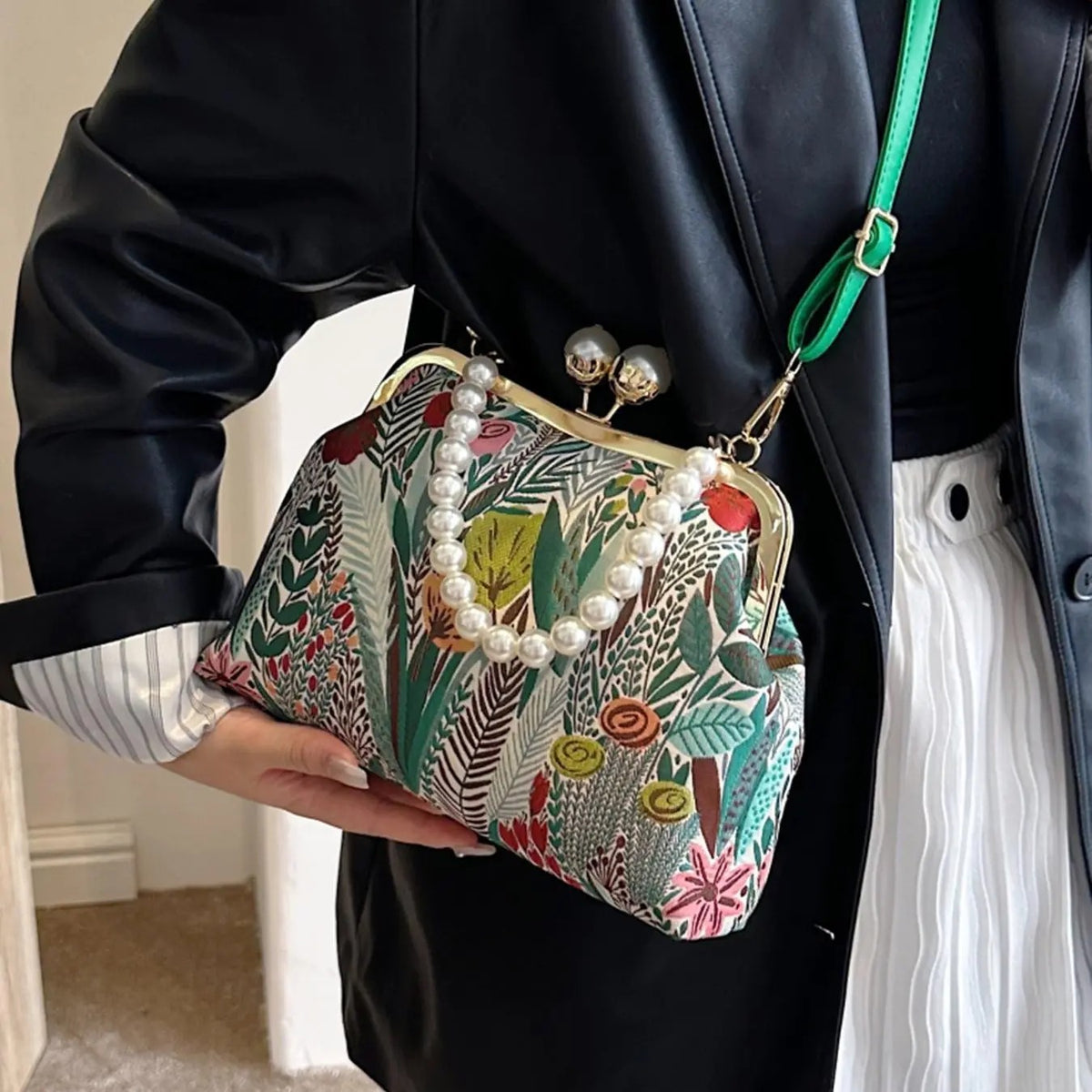 Elegant Botanical Pearl Crossbody Bag