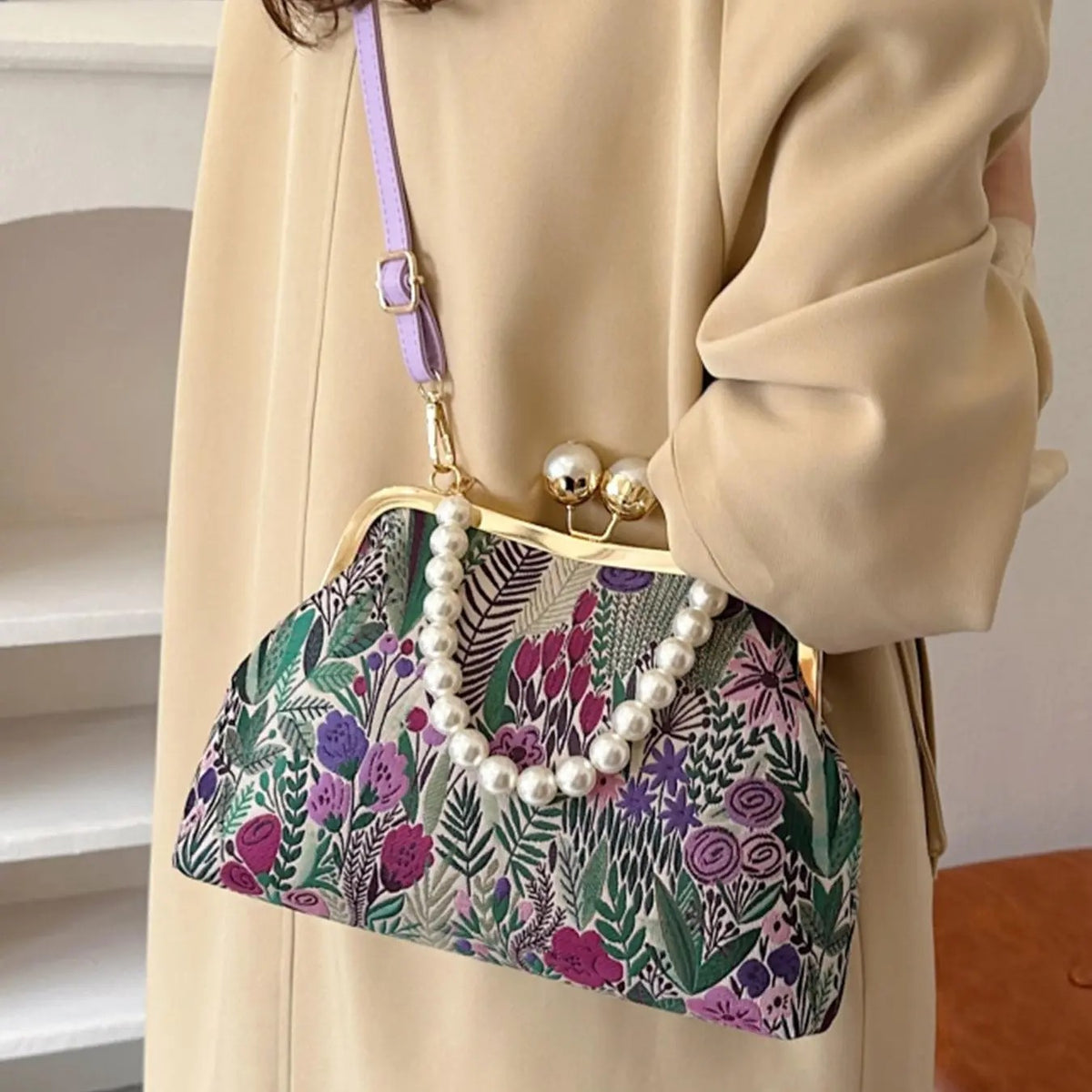 Elegant Botanical Pearl Crossbody Bag