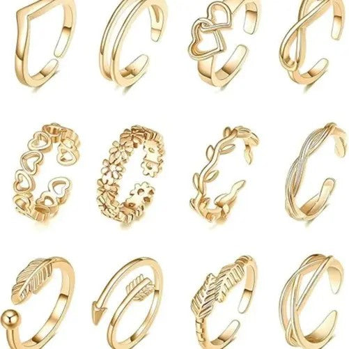 12pc Dainty Mixed Motif Adjustable Ring Set