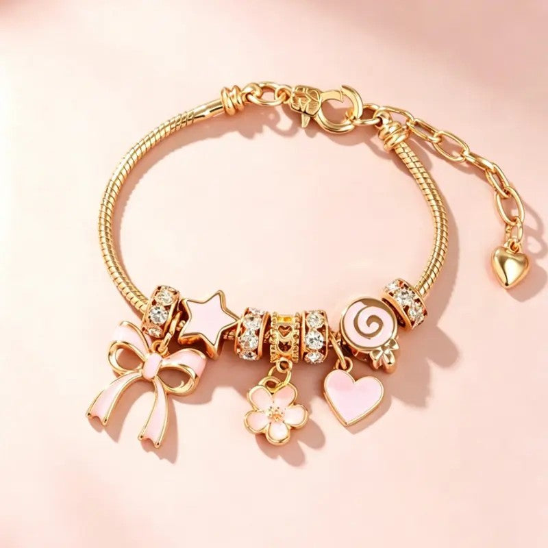Romantic Pink Bow & Flower Charm Bracelet