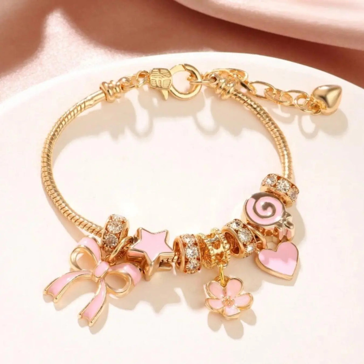 Romantic Pink Bow & Flower Charm Bracelet