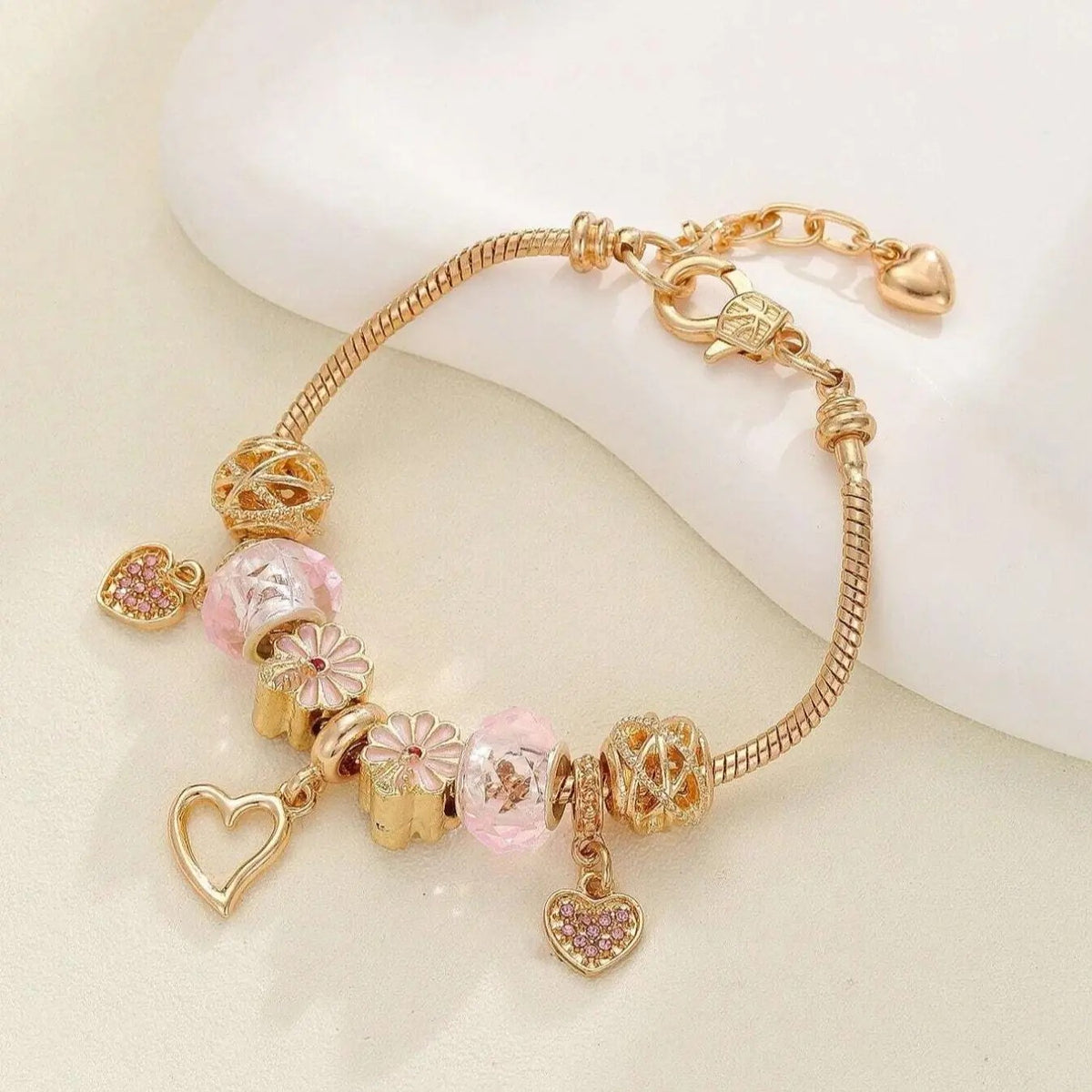 Romantic Pink Bow & Flower Charm Bracelet
