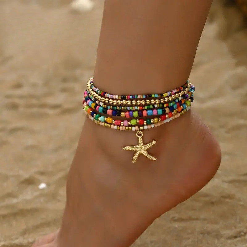 6pc Boho Colorful Bead Starfish Anklet Set