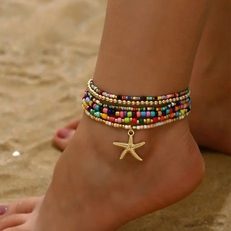 6pc Boho Colorful Bead Starfish Anklet Set