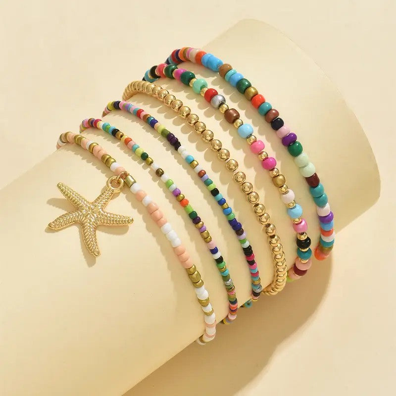 6pc Boho Colorful Bead Starfish Anklet Set