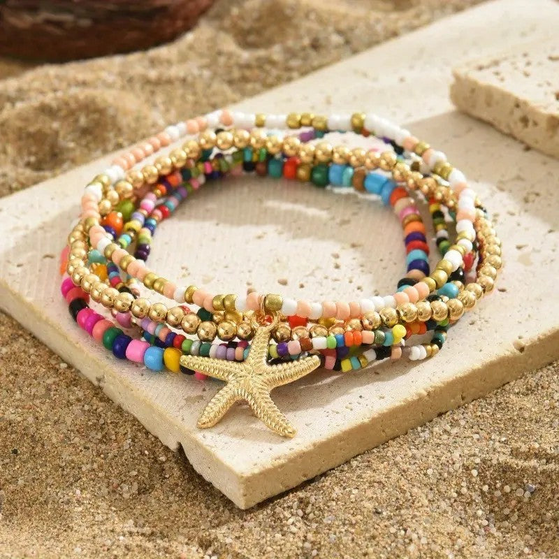 6pc Boho Colorful Bead Starfish Anklet Set