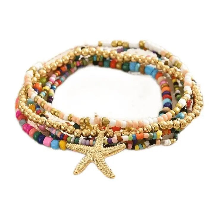 6pc Boho Colorful Bead Starfish Anklet Set