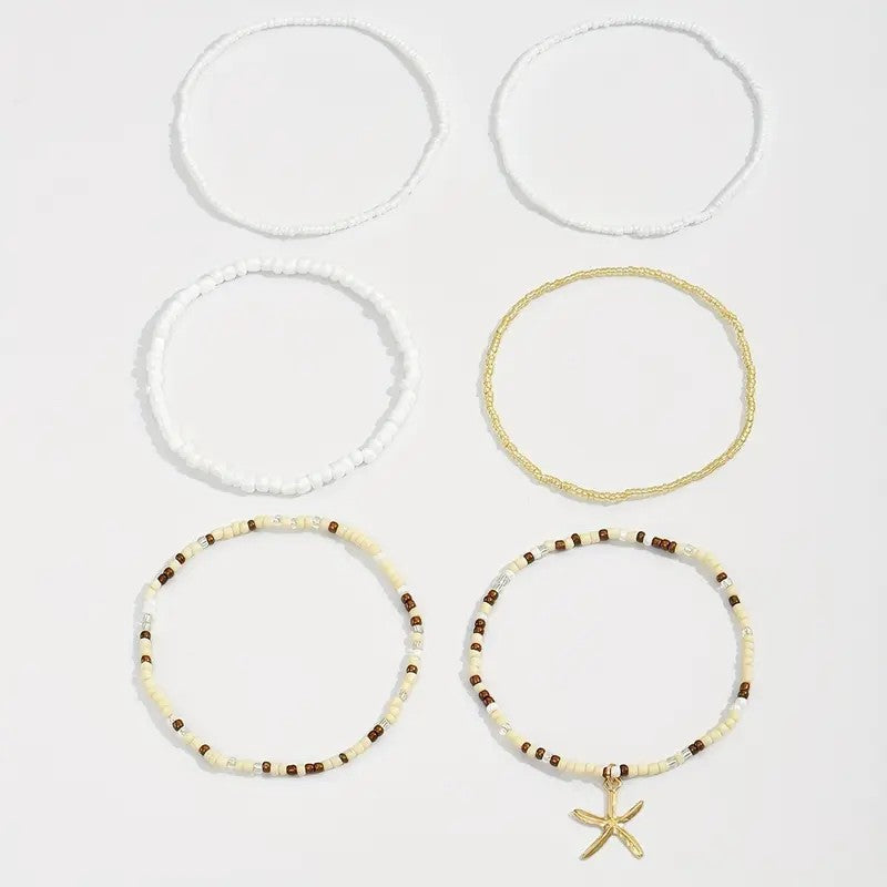 6pc Boho Colorful Bead Starfish Anklet Set