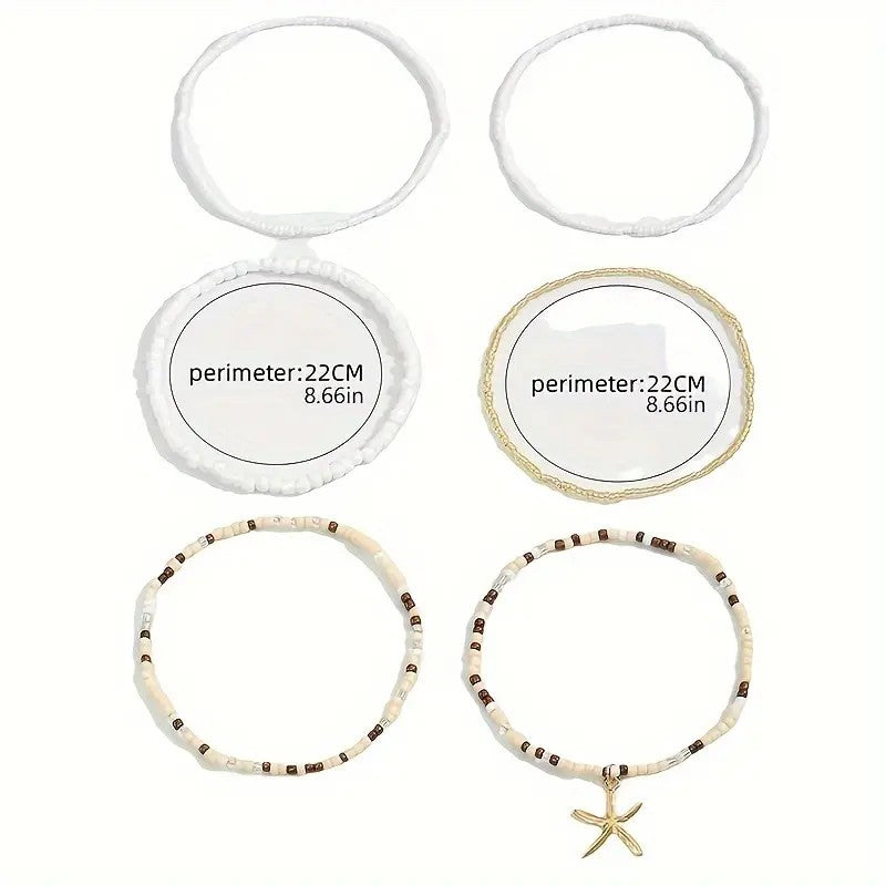 6pc Boho Colorful Bead Starfish Anklet Set