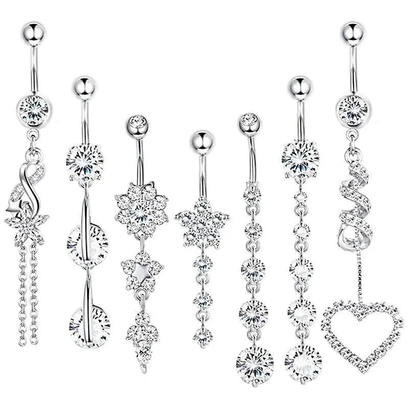 7pc Romantic Pink CZ Belly Ring Set
