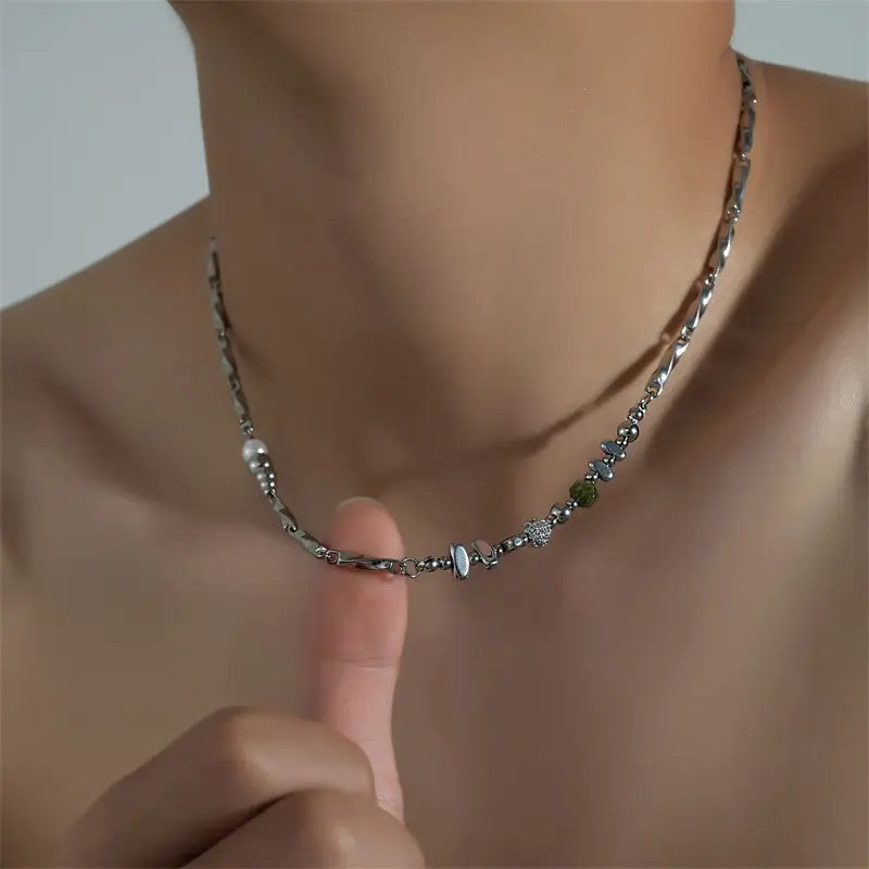 Retro Geometric Beaded Chain Necklace