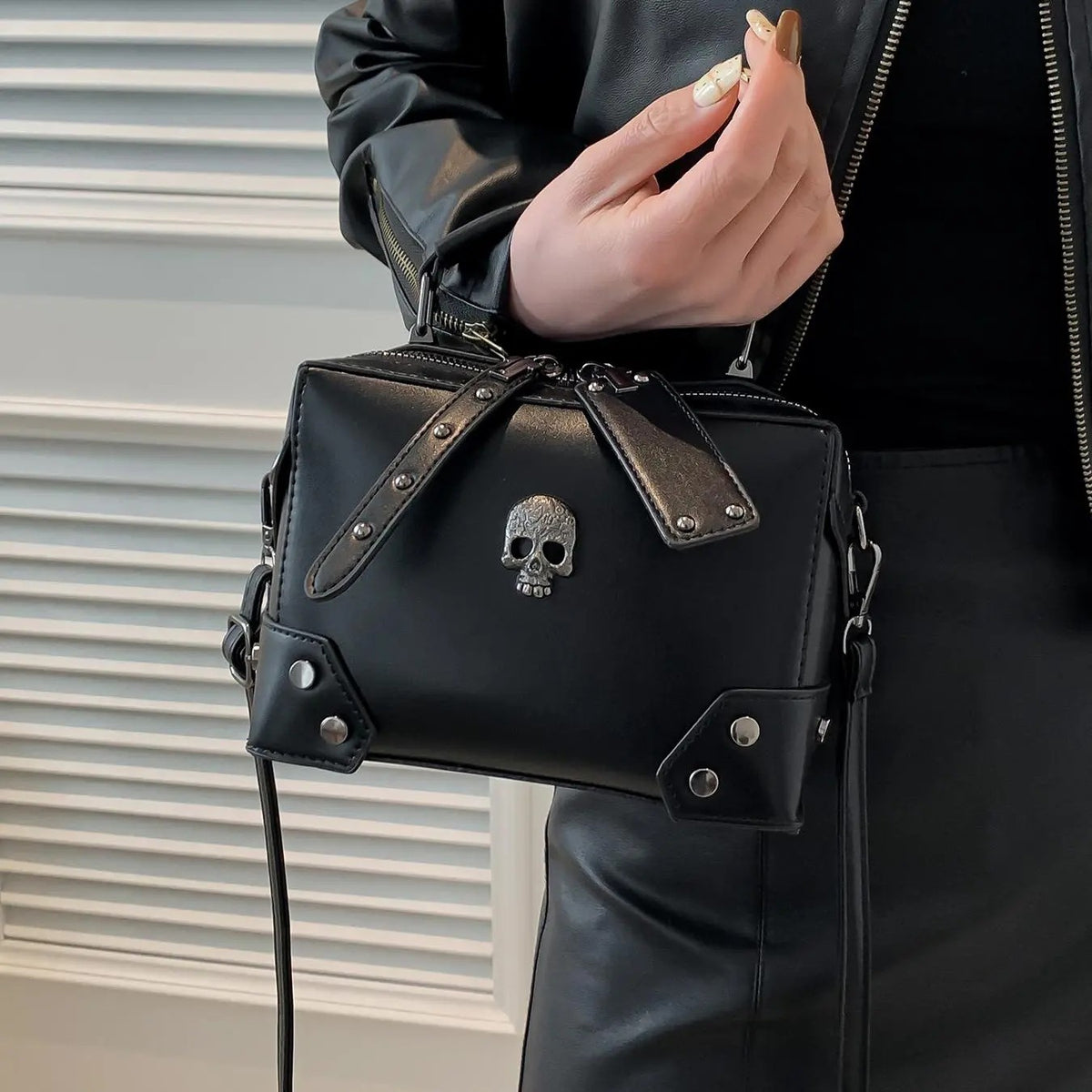 Edgy Skull Stud Messenger Bag