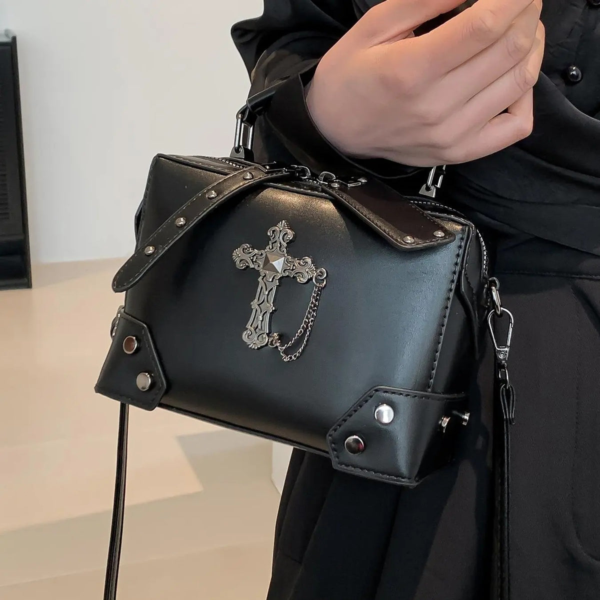 Edgy Skull Stud Messenger Bag