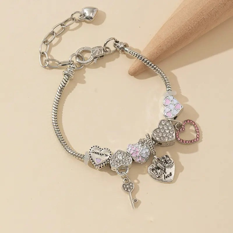 Romantic CZ Heart Charm Snake Chain Bracelet