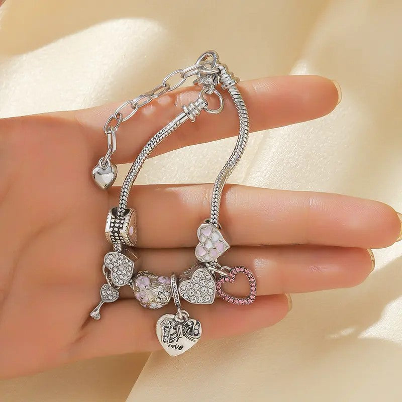 Romantic CZ Heart Charm Snake Chain Bracelet