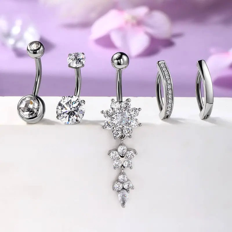 5pc Dainty Rhinestone Belly Ring Set