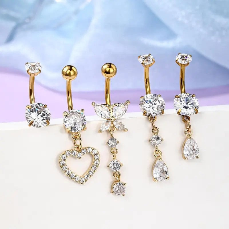 5pc Dainty Rhinestone Belly Ring Set