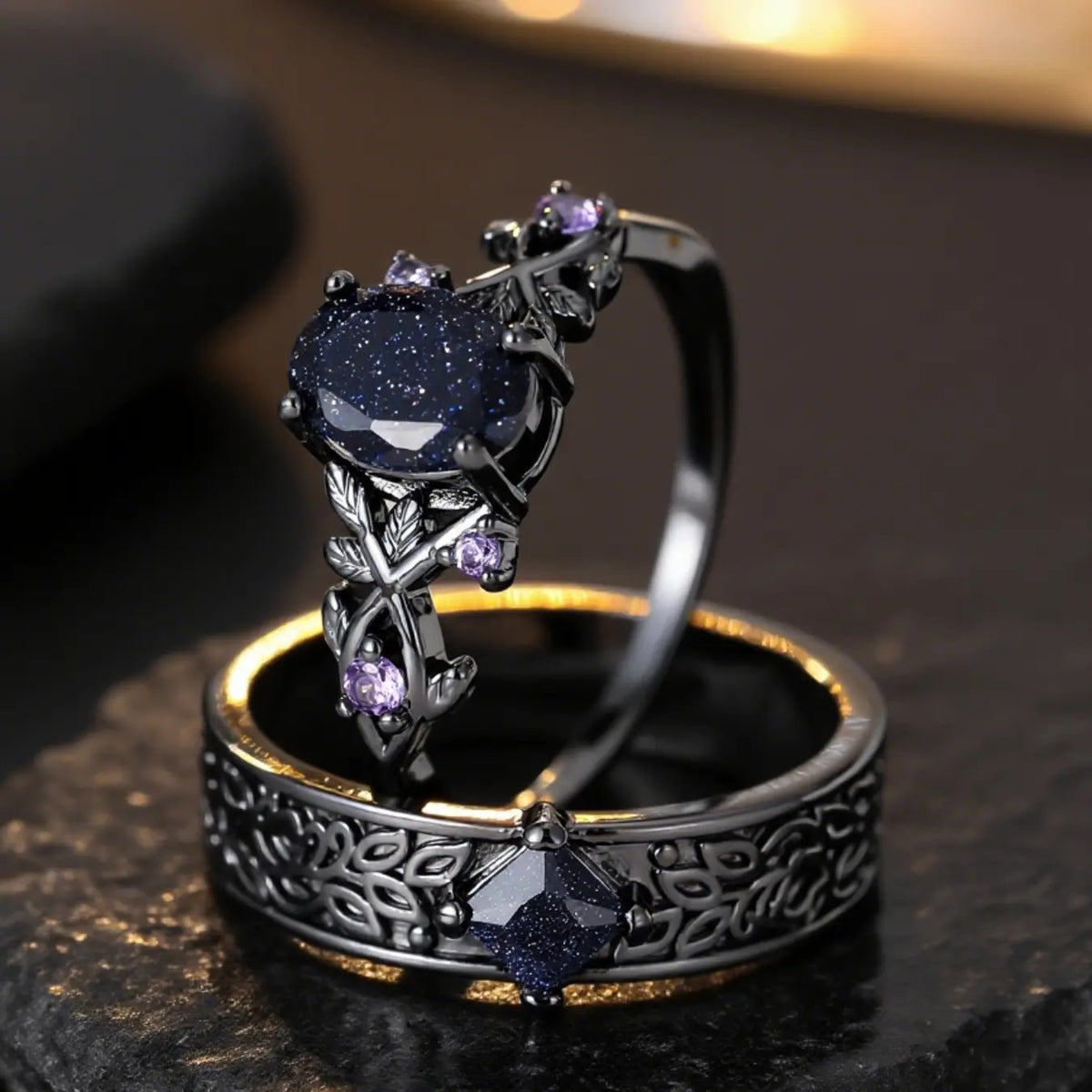 Romantic Blue Starry Gemstone Couple Ring Set