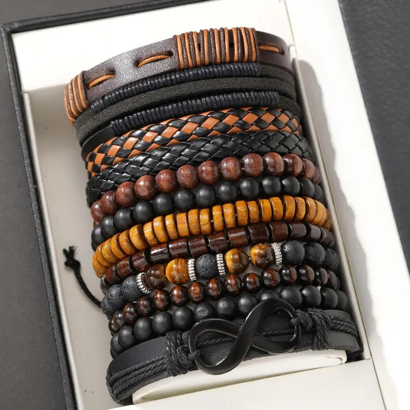 12pc Boho Vintage Leather & Bead Bracelet Set