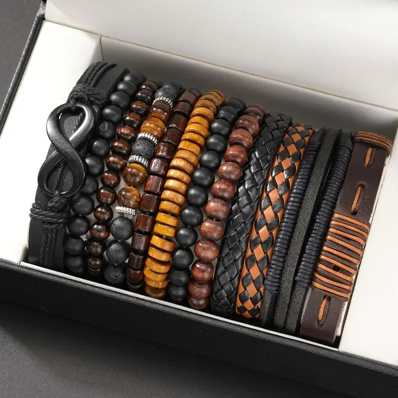 12pc Boho Vintage Leather & Bead Bracelet Set
