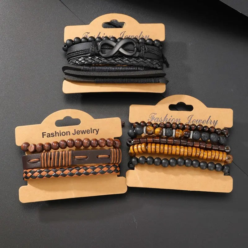 12pc Boho Vintage Leather & Bead Bracelet Set