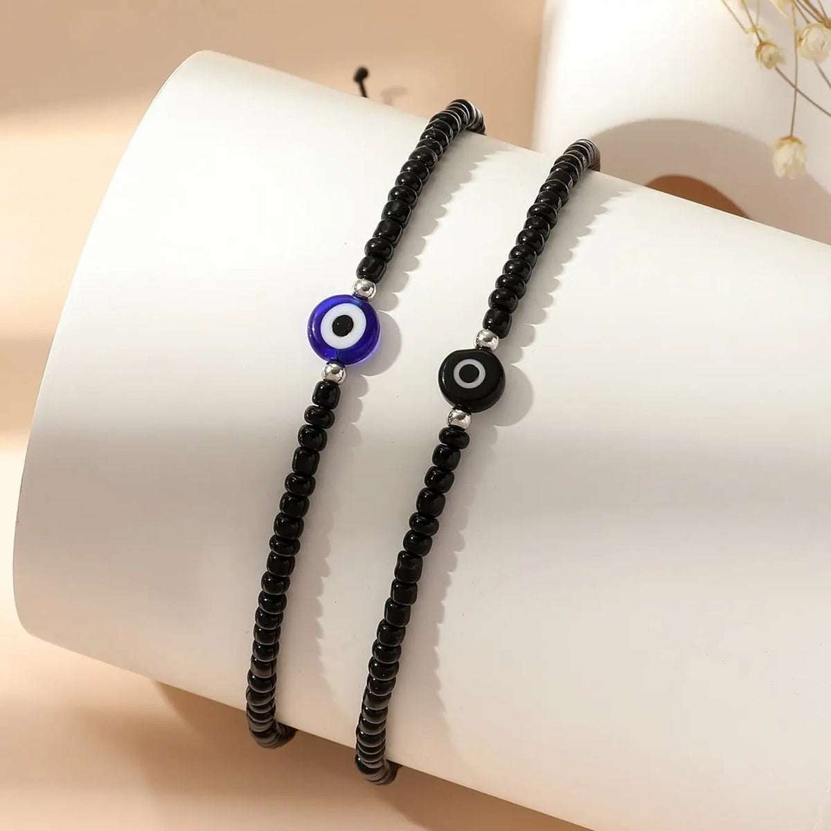 2pc Boho Black Bead Evil Eye Anklet Set