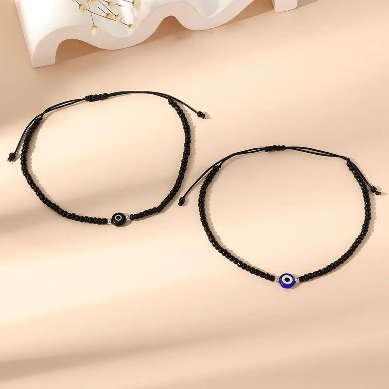 2pc Boho Black Bead Evil Eye Anklet Set