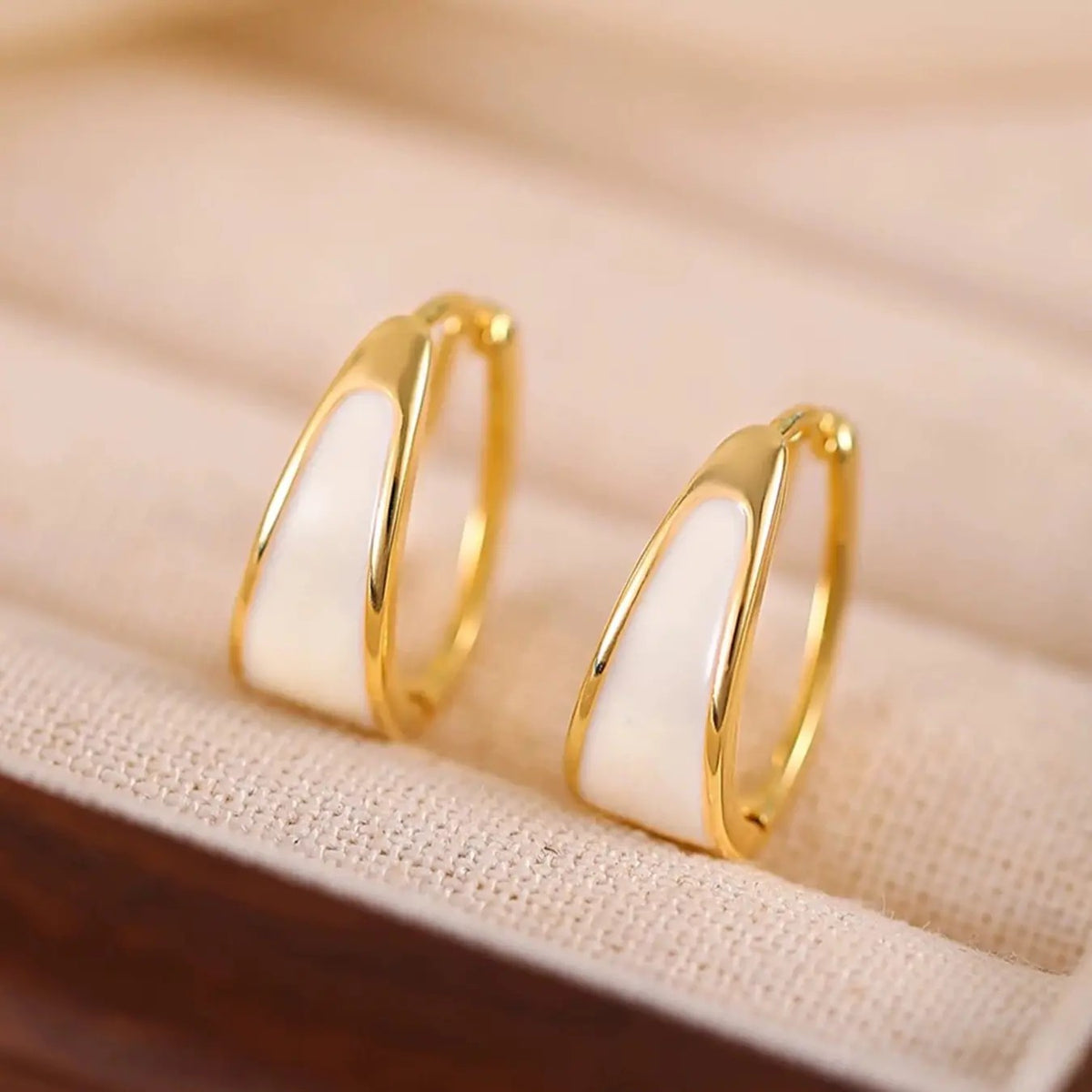 Classy White Enamel Geometric Hoop Earrings