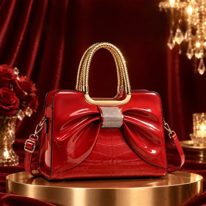 Elegant Croc Bow Top Handle Satchel