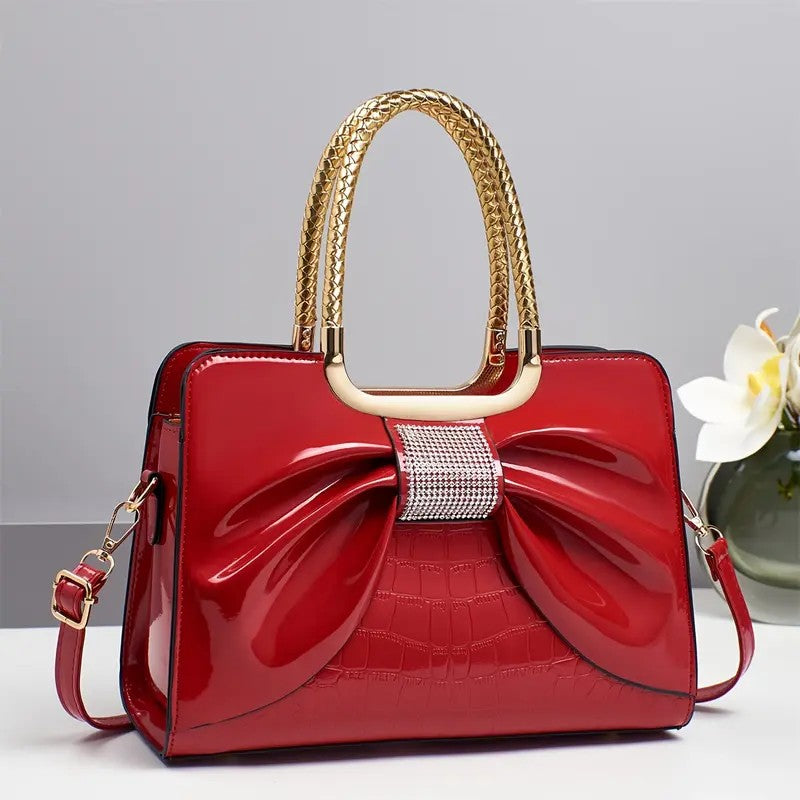 Elegant Croc Bow Top Handle Satchel
